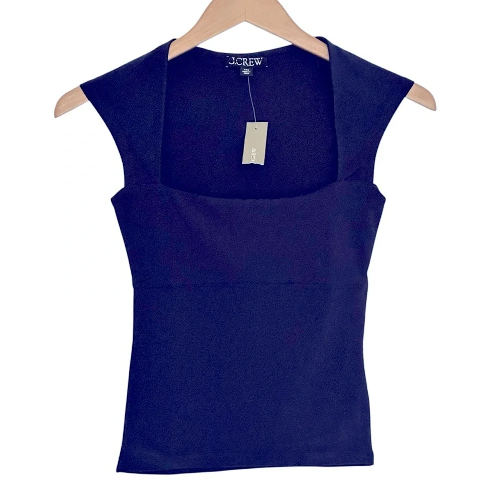 NEW J. CREW‎ Squareneck cap-sleeve top in stretch cotton blend Navy Size XXS